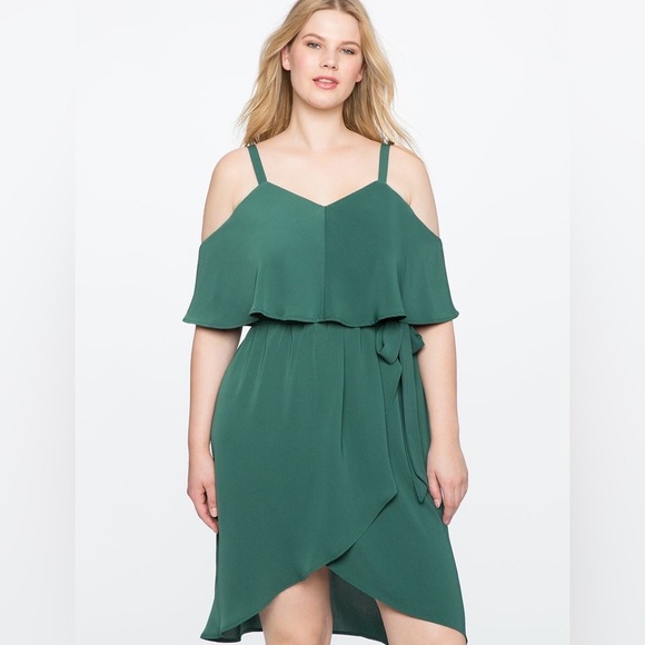 NWT Eloquii Plus  Green Off Cold Shoulder Wrap Dress - Picture 1 of 14